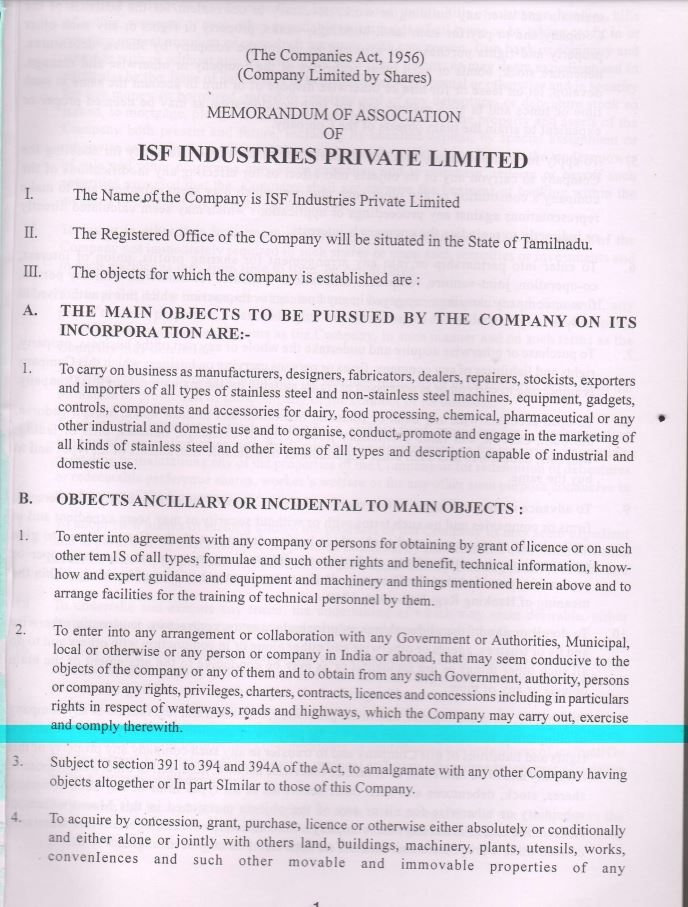 Sample of Memorandum of Articles